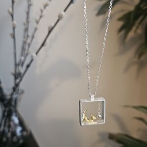 New 925 Sterling Silver Handmade Square Cat And Ball Pendant Necklace